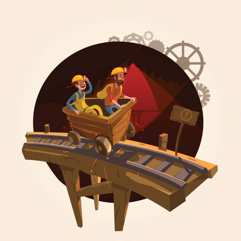 two cartoon miners in an ore cart