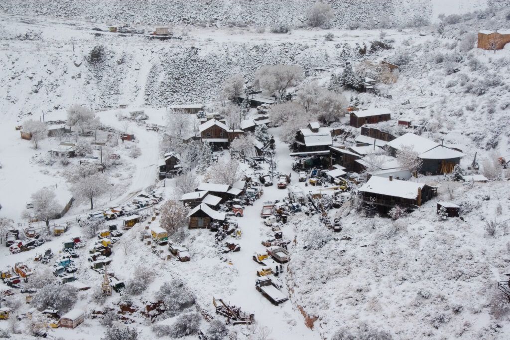 The snow covered Gold King Mine in 2007 after a snow storm from Perkinsville Rd.
